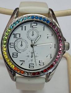 White Watch - White Dial Framed in Multicolored Crystals with a White Band (View Photos)