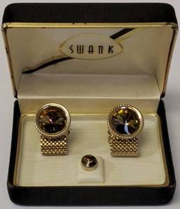 Swank - Vintage Mesh Cuff Links & Tie Pin / Gold Tone & Brown Topaz (View Photos)