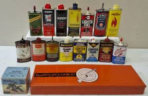 Assortment of Vintage Gun Oil & Lighter Fluid (Cans Might not be Full or Empty) Marbles Gun Cleaning Kit (View Photo) Holiday Shotgun Shells Box (Empty / For Display) **View Photos**