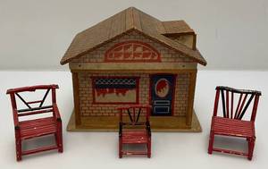 lot 33 image: Antique Converse Toy Dollhouse Stenciled Cottage Bungalow With Some Doll Furniture