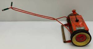 lot 61 image: Very Old Gone Bell Pressed Metal Kids Toy Push Lawn Mower (VERY COOL)