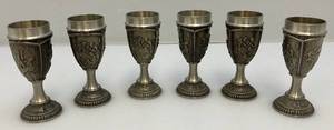 lot 79 image: Vintage Zinn 95% Pewter 3 12 Tall Goblets Renaissance Scenes (VERY COOL)
