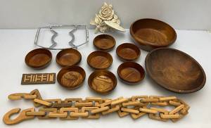 lot 95 image: Misc. Wooden Bowls, Wood Tow Chain & More