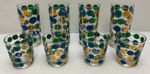 lot 101 image: MCM Pasinski Good Fortune-Good Health-Peace-Longevity & Happiness Gold Medallion Lowball & Highball Drinking Glasses