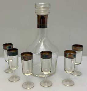 lot 114 image: Vintage Dorothy C. Thorpe Silver Rim Decanter With Small Glasses