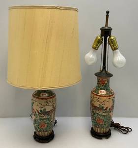 lot 140 image: Pair Of Chinese Famille Verte Crackle-Glazed Pheasants & Peony Vase, Late Qing Dynasty (One Has Shade)