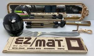 lot 144 image: Misc. Items Including Antique Ornate Wood Framed Long Mirror 12 x 49 , Mat Cutter, Snowmobile Helmet & More