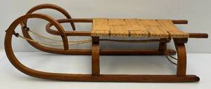 lot 146 image: Vintage German Rams Head Wooden Sled With Fabric Seat 42 L x 14H x 14 W