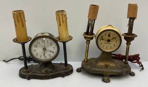 lot 170 image: Two Antique Double Lamp Mantle Clocks (VERY COOL)