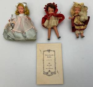 lot 179 image: 3 Nancy Ann Storybook 5 Dolls Including Little Red Riding Hood #116, Curly Locks #154 With Original Box And Goldilocks With Bear (Missing Cup)
