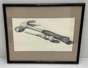 lot 195 image: 17 x 21 Framed Behind Glass Local Artist Pencil Sketch Tool Of The Trade