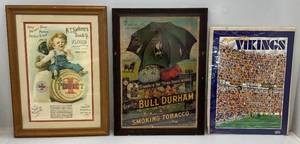 lot 196 image: Two Framed Behind Glass Reproduction Prints & 1990s VIKINGS Poster Frames 21 12 x 29 12