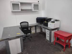 lot 392 image: Wrap Around Desk, Wall Shelf, End T...