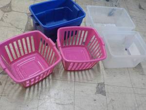 lot 153 image: 3 totes, no covers and 2 Laundry Ba...