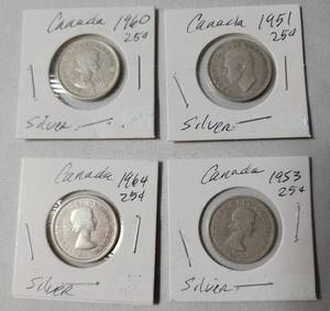 lot 38 image: 25 Cent Silver Coins   (1951 King George),(1953,1960,1964 Queen Elizabeth)