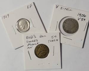 lot 47 image: Buds Rec Sacred Heart MN - 5 cent Token, 1906 V Nickel, 1969 Roosevelt Dime
