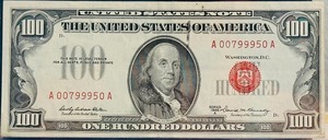 1966 $100 United States RED SEAL Note  Serial Number A 00799950 A