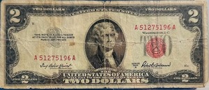 1953 United States $2 RED SEAL Banknote  Serial Number A 51275196 A