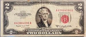 1953 United States $2 RED SEAL Banknote   Serial Number A63864098A