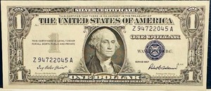 1957 $1 Silver Certificate  Serial Number Z 94722045 A