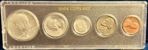 1964 United States Mint Set  Kennedy Half Dollar  Washington Quarter  Roosevelt Dime  Jefferson Nickel  Lincoln Cent