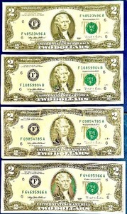 1995 United States $2 Federal Reserve Banknote- Qty 4  Serial Numbers F09854785A  F10859904B  F48523496A  F64695966A