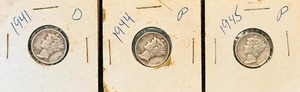 United States Mercury Dime - Qty 3  1941-D  1944-P  1945-P Design Features a Winged Cap bust of Liberty on the obverse and a fasces on the reverse.