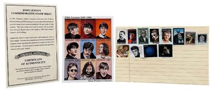 John Lennon Commemorative Stamp Set  Certificate of Authenticity from the International Collectors Society  Collection of U.S. Commemorative Postage Stamps Highlighting Various Cultural Figures and Historical Milestones