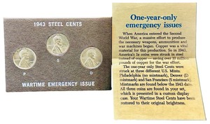 1943 U.S. Steel Cents  Emergency Wartime Issue Struck in Zinc-Coated Steel to Conserve Copper for Ammunition Production during World War II.