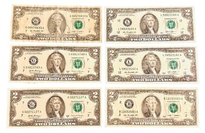 2017A United States $2 Federal Reserve Banknote - Qty 6  G06470833A  G03810789A  G02271127A  L58523166A  L58523162A  B12652683A