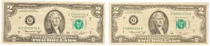 1976 United States $2 Federal Reserve Notes - Qty 2  Serial Number G 39880574 A  Serial Number G 18964214 A