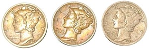 Mercury Dimes - 1936 (1)  1938 (2) - Qty 3