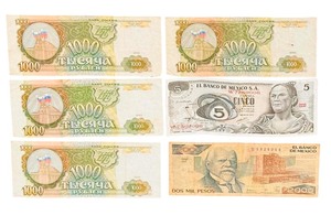 Mixed Vintage Banknotes from Russia and Mexico - 5 Peso Mexico Note  2000  Pesos Mexico Note 1000  Russian Ruble Notes