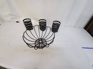 lot 22 image: Black Metal Fruit Basket with 3 Matching Holders