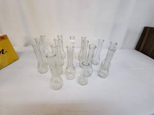 lot 98 image: Set of 16 Clear and White Glass Bud Vases