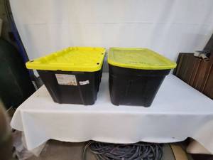 lot 102 image: Pair of HDX 27 Gallon Tough Tote Storage Containers