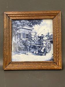 lot 6C image: Framed Delft Blue Ceramic Tile Scene in Wood Frame