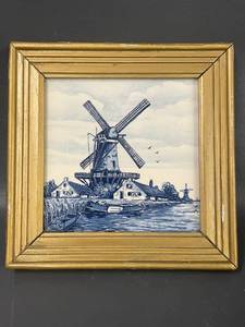 lot 7C image: Vintage Delft-Style Windmill Tile Art in Wood Frame