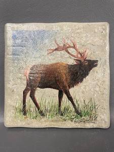 lot 8C image: Holly Benay Cutting Elk Painting on Stone Type Tile