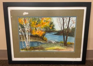 lot 16C image: F. Vincent Framed Landscape Watercolor Painting - Autumn River Scene
