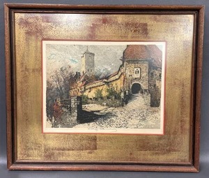 lot 18C image: Luigi Kasimir Colored Etching Wartburg Castle Signed in Wooden Frame 18x16