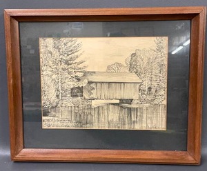 lot 19C image: Framed Sketch of Covered Bridge, Rustic Art Piece