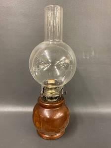 lot 19R image: Vintage Good-Lite Oil Lamp with Glass Chimney and Wooden Base