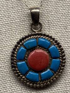 lot 20B image: Sterling Silver 925 Turquoise Coral Pendant Necklace