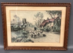 lot 20C image: Vintage Pastoral Scene in Carved Wooden Frame - 12x16 Inches