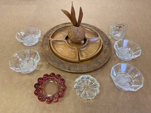 lot 22R image: Vintage Condiment Serving Tray and Elegant Glassware Collection