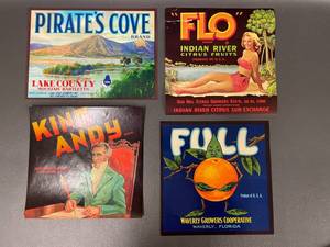 lot 28C image: Vintage Fruit Crate Labels Collection Set Of Four