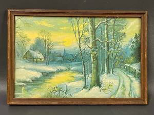 lot 34C image: Vintage Winter Landscape Lithograph Framed Art