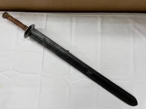lot 35K image: Wood Turned Handle Sword with Leather Sheath