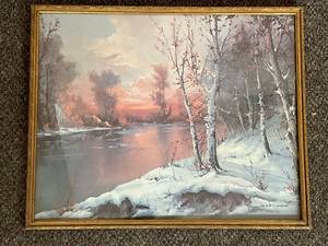 lot 43C image: Vintage Wood Framed Print Birches in Winter by Cardi Art Painting Landscape